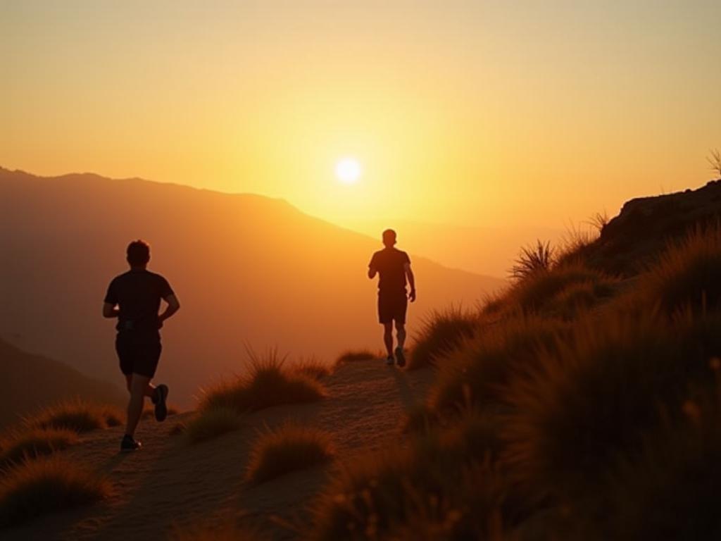 A person running on a mountain trail at sunrise, symbolizing resilience and commitment.