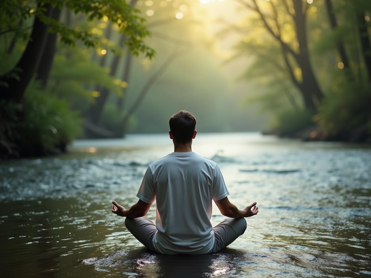 A person meditating by a river in a peaceful and flowing environment, embodying the concept of flow and inner peace. Keywords: flow state, meditation, river, peace, Mihaly Csikszentmihalyi.