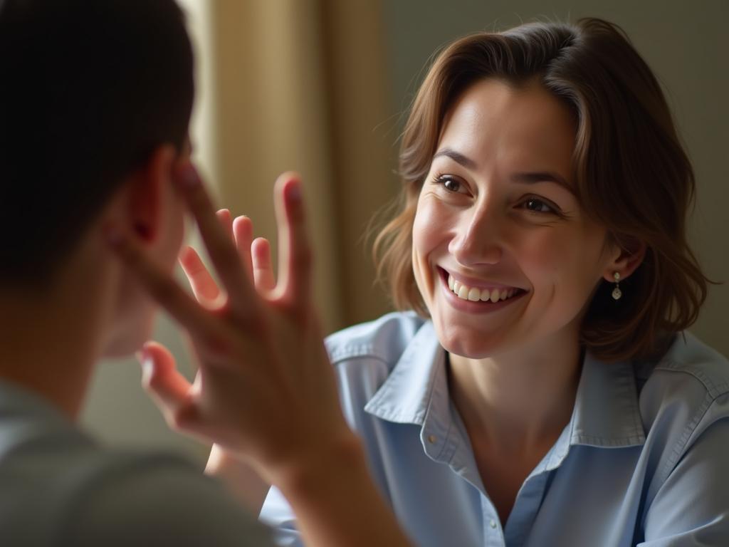 A person listening attentively to another person, with a warm and supportive expression.  The image represents active listening and genuine interest in the speakers words. Keywords: active listening, communication, empathy, relationships.