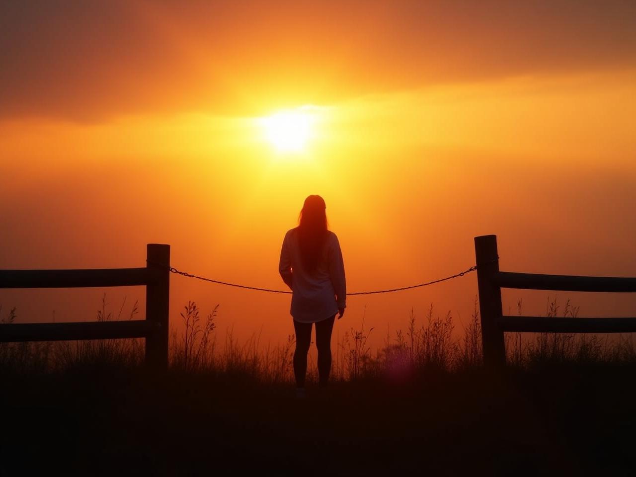 A person standing in front of a fence, looking out at a sunset. The fence represents healthy boundaries.