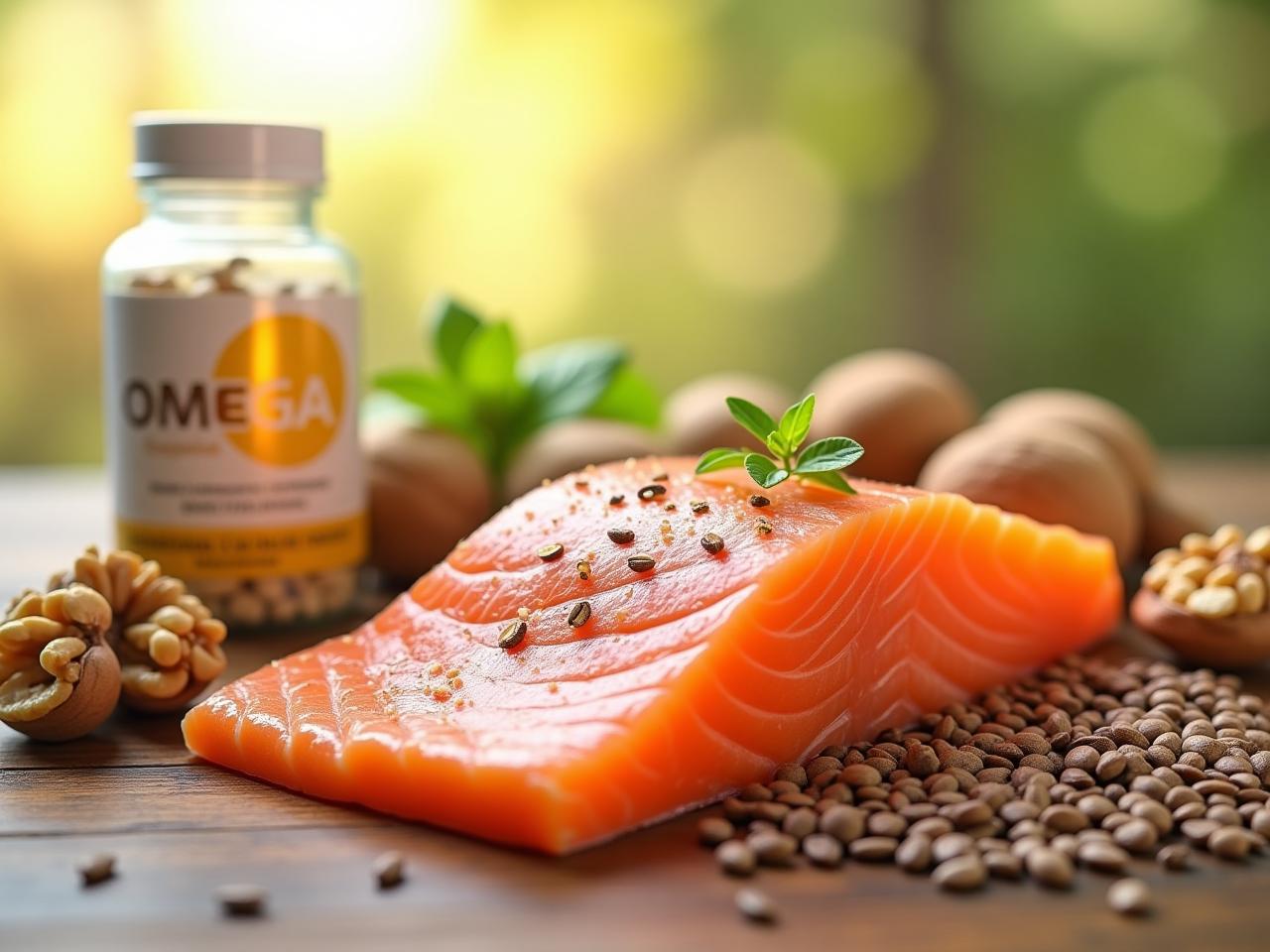 Close-up shot of various omega-3 rich foods: salmon fillet, walnuts, flax seeds, and a bottle of omega-3 supplements, arranged on a wooden table with a bright and inviting background.