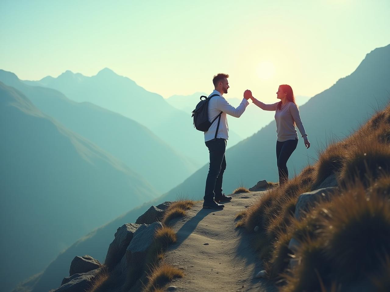 A person gently guiding another person up a mountain path, symbolizing the art of subtle persuasion and leading others to their own conclusions.