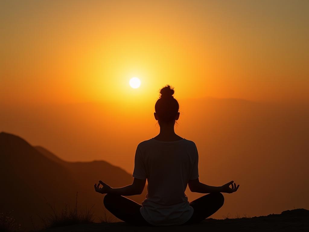 A person meditating outdoors in a serene natural setting, with a sunrise or sunset in the background, symbolizing the harmony between mind and body. The image should evoke a sense of peace, balance, and mindfulness.