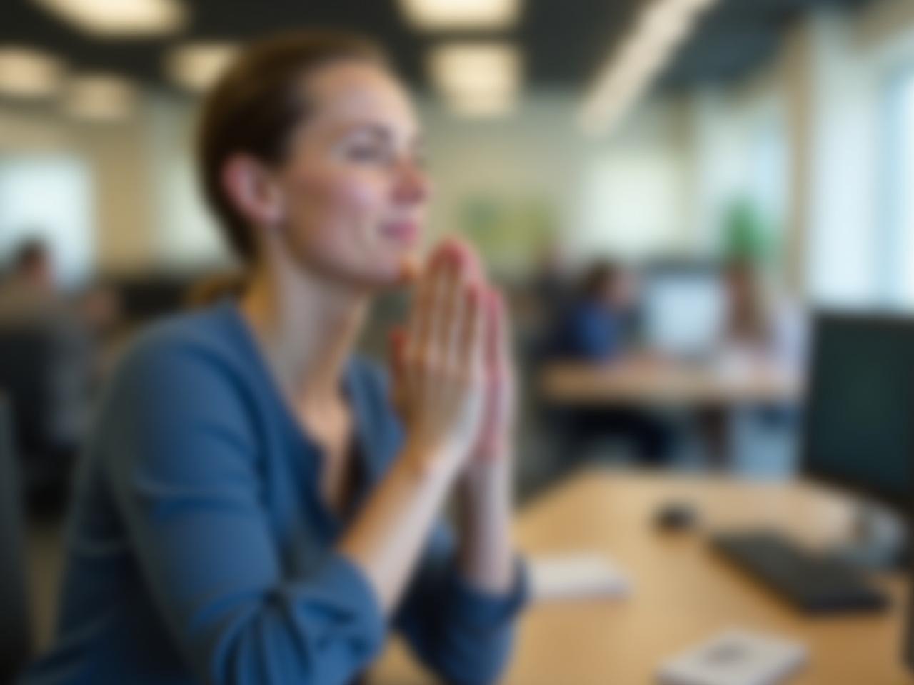 A person taking a mindful breathing break at their desk, with a blurred background of office environment. Keywords: recovery, energy, performance, mindfulness, break, Jim Loehr, The Power of Full Engagement.