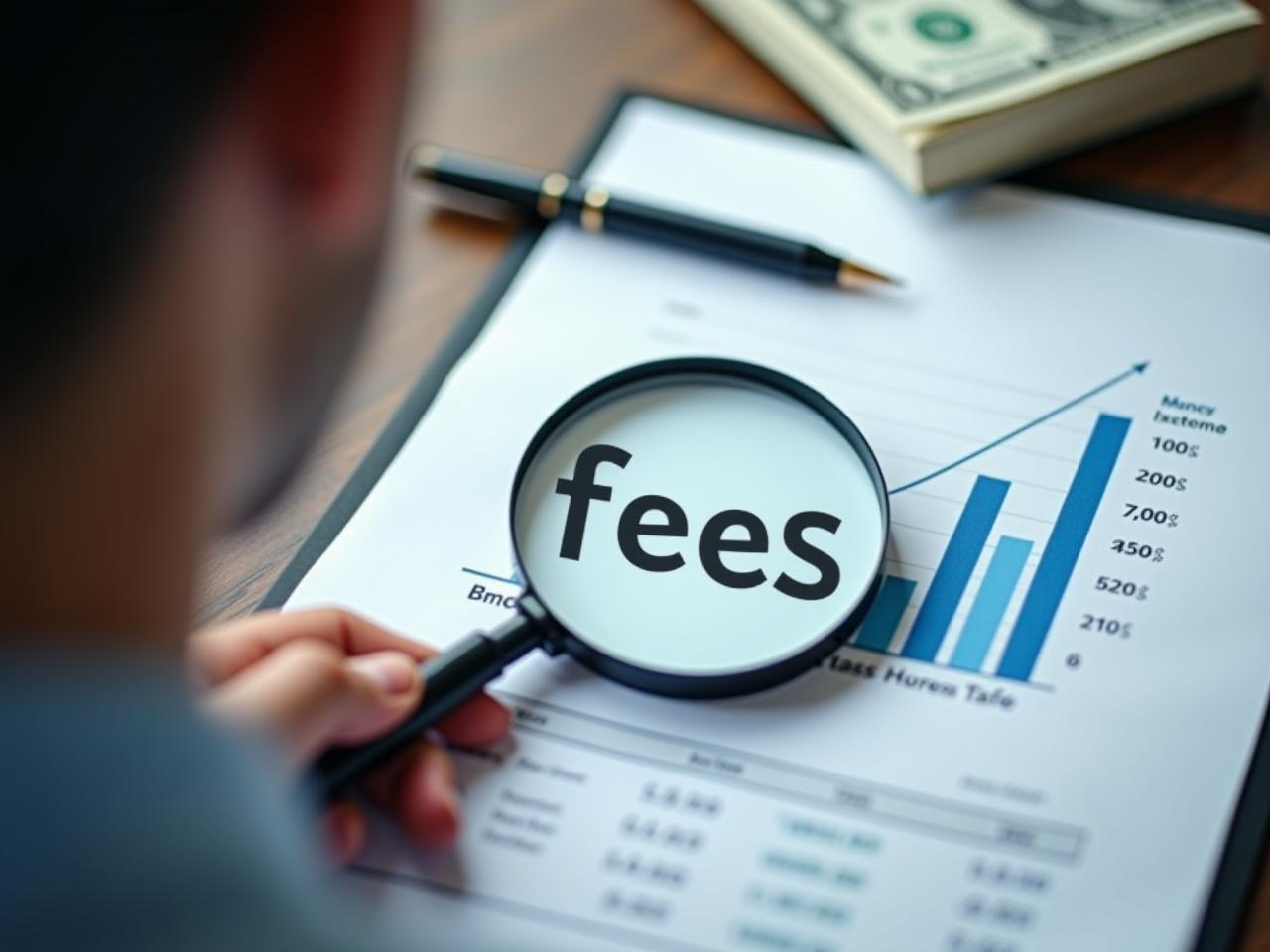 A person looking at a financial report with a magnifying glass, highlighting the word fees. The background shows a growing graph representing investment growth. The book Money: Master the Game by Tony Robbins is subtly placed in the corner.