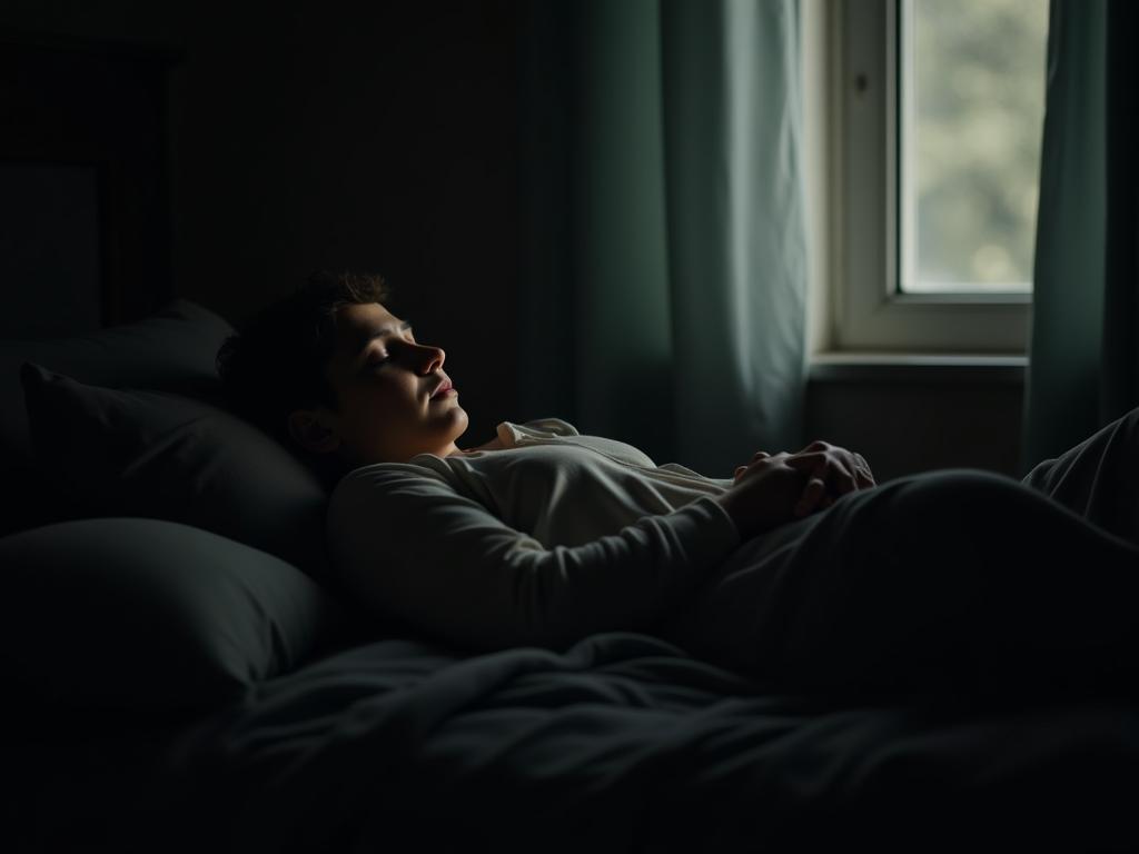 A person sleeping peacefully in a dark, cool room with natural light filtering through the curtains. The image evokes a sense of calm and rest.