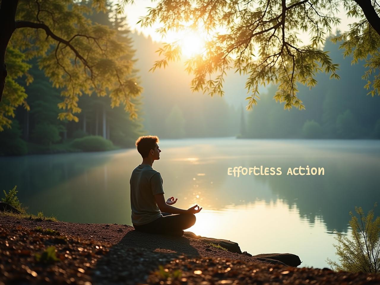 A serene image of a person meditating by a calm lake, with sunlight filtering through the trees. The words Effortless Action are subtly overlaid on the image.