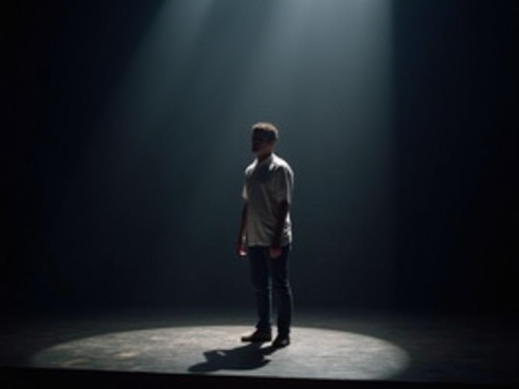 A person standing on a stage in a spotlight, looking vulnerable but confident.