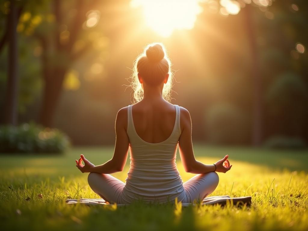 Woman meditating in a peaceful garden, sunlight filtering through the trees. The image represents mindfulness and inner peace.