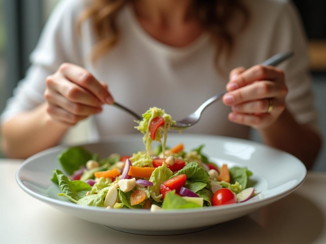 A person mindfully eating a colorful salad, focusing on the food rather than distractions.