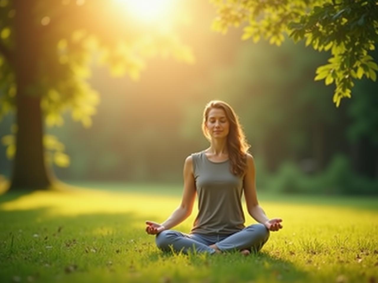 A serene person meditating in a peaceful natural setting, symbolizing stress relief and inner peace.
