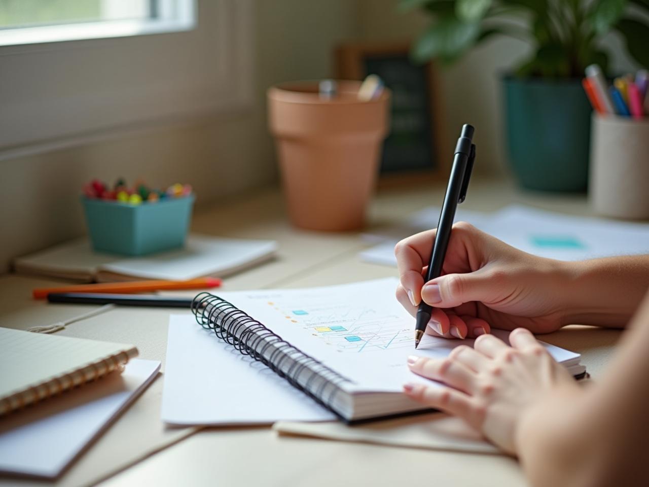 A person working on a creative project in a well-organized and inspiring workspace, with a notebook, colorful pens, and a plant in the background. This image represents the concept of a creative routine and productive environment.