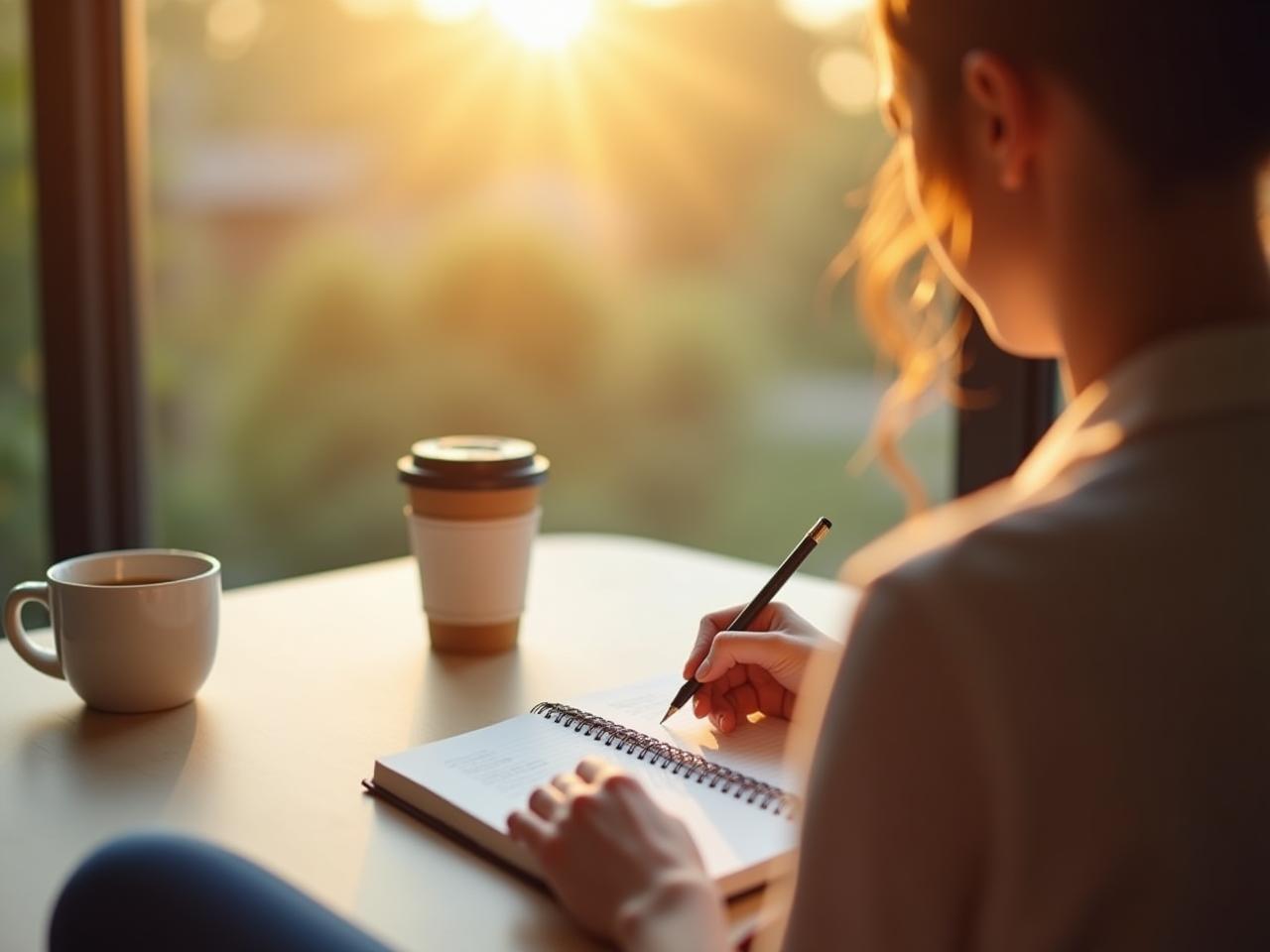 A person writing in a gratitude journal in a sunlit room with a cup of coffee. The image conveys serenity and mindfulness.