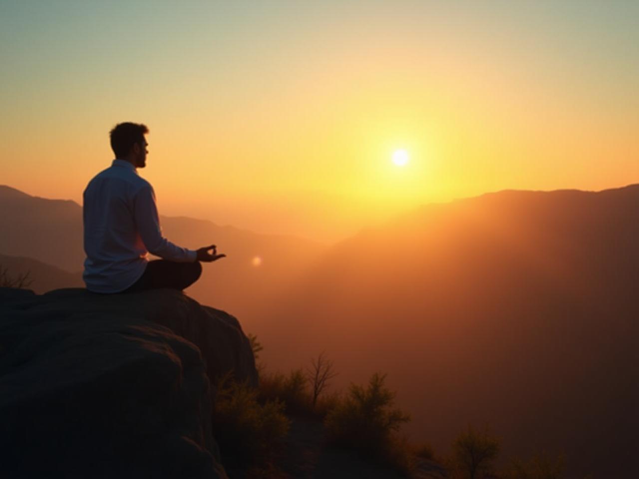 A serene landscape with a person meditating, looking out over a vast valley. The sun is setting, casting a warm glow on the scene. The image represents peace, perspective, and the vastness of life compared to daily troubles.