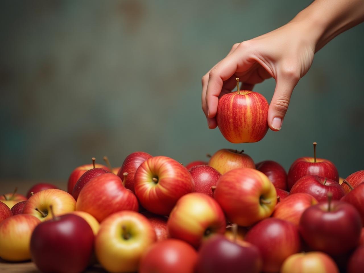 A hand selecting one apple from a large pile of different fruits, symbolizing the paradox of choice and decision fatigue.