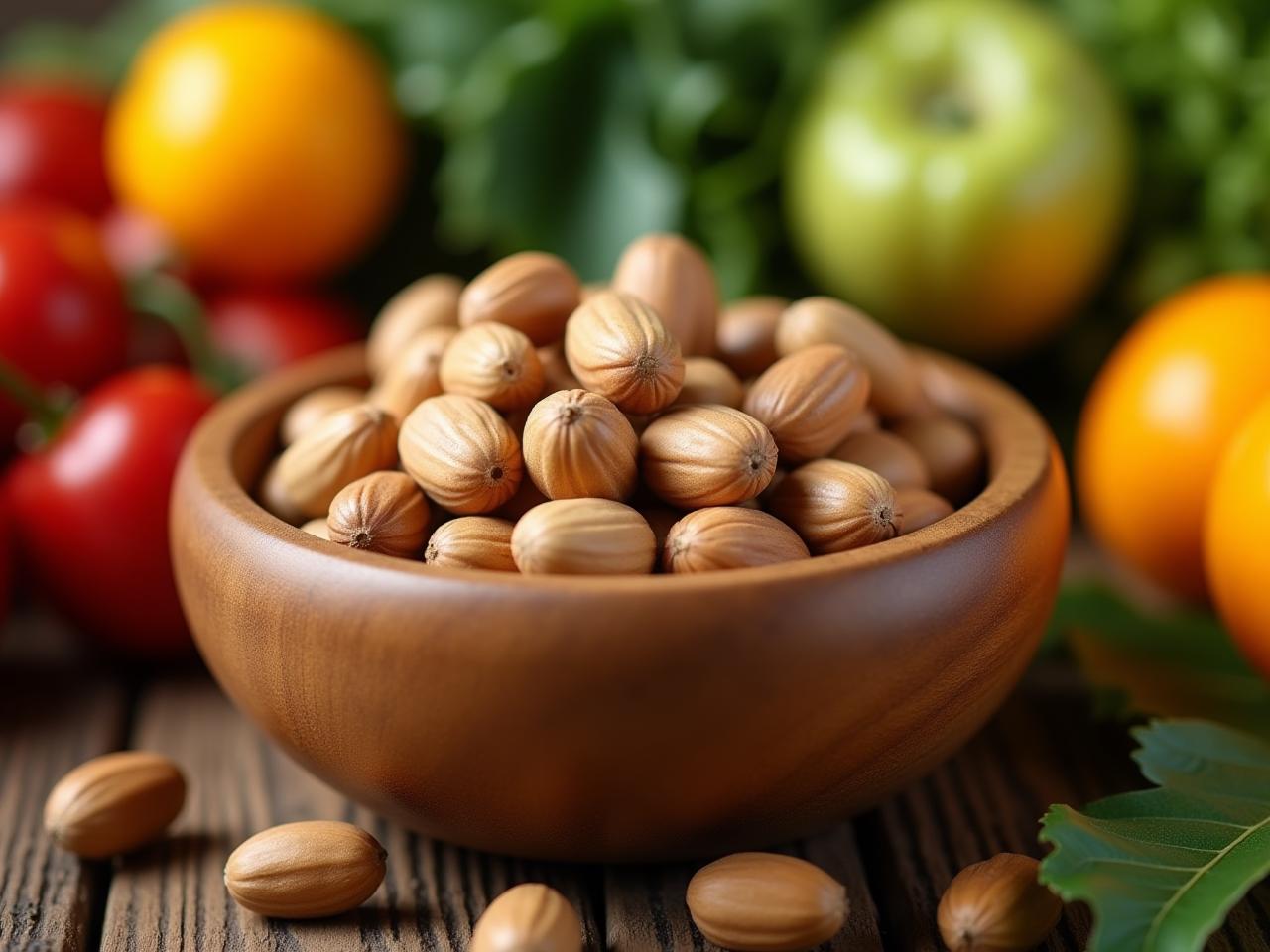 Close-up shot of Brazil nuts in a wooden bowl, surrounded by fresh fruits and vegetables, symbolizing the concept of preventative nutrition.