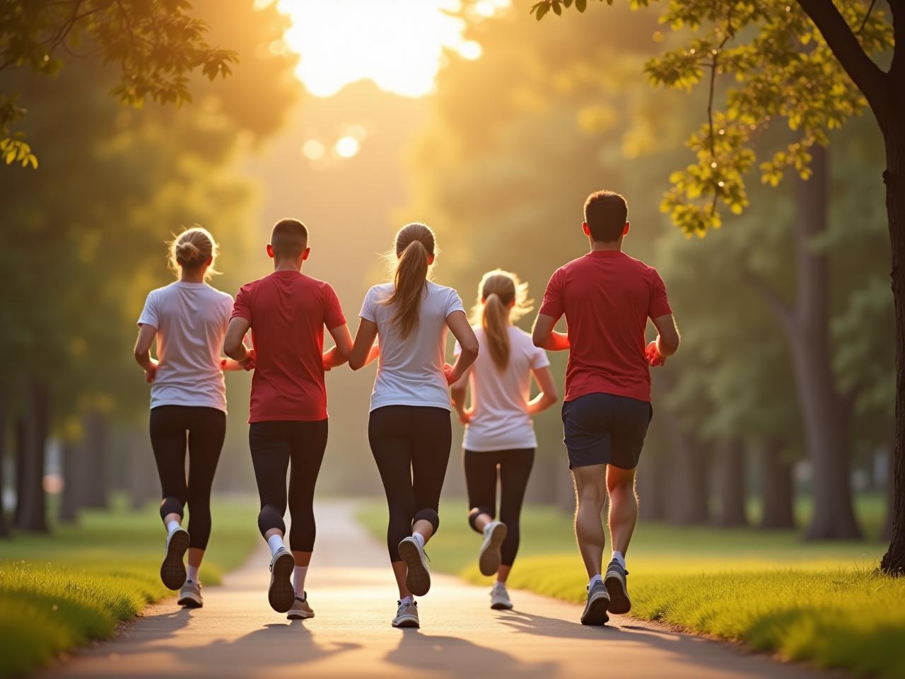 A group of people running together in a park, symbolizing the power of a supportive environment in building healthy habits. The image emphasizes the community aspect of habit formation.