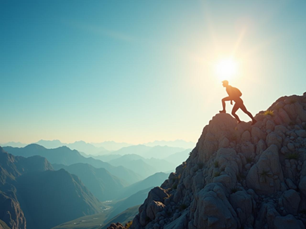 A person climbing a mountain, symbolizing the journey of authentic success. The sky is clear and the sun is shining, representing hope and optimism.
