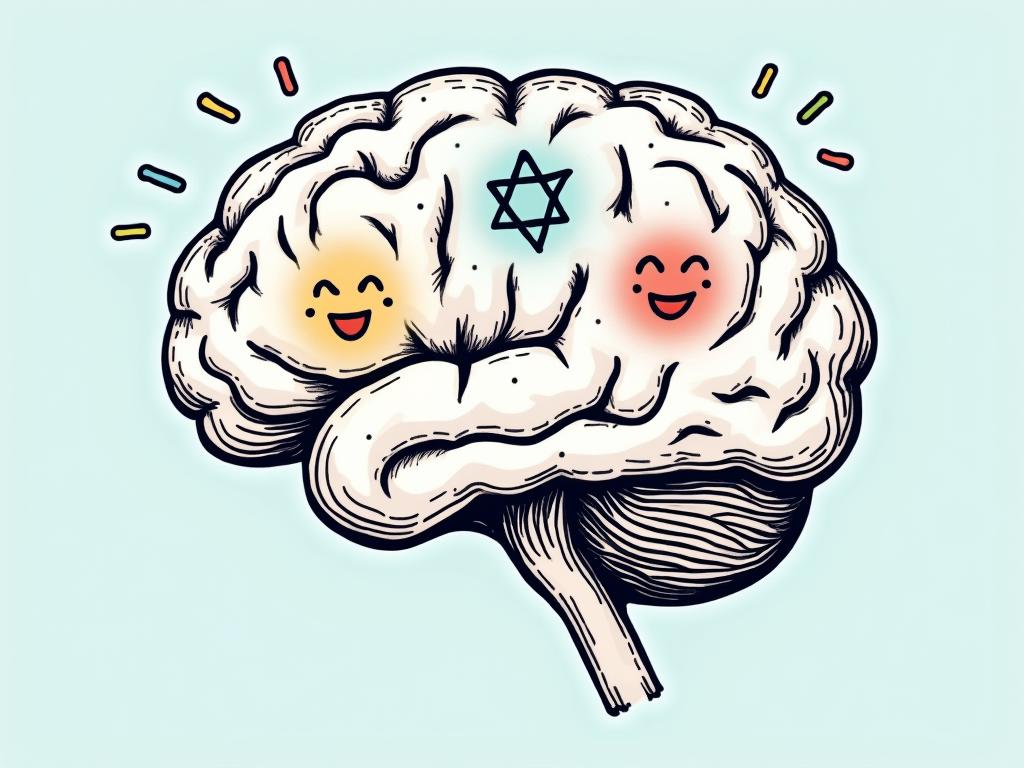 Illustration of a brain with interconnected emotional and cognitive symbols, representing the balance between emotions and logical thinking.