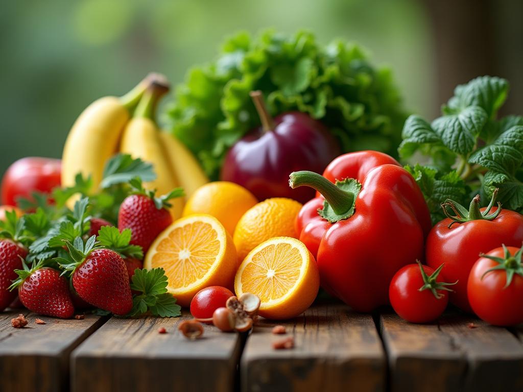 A colorful image of a variety of fresh fruits and vegetables on a wooden table, symbolizing healthy eating and the principles of Michael Pollans The Omnivores Dilemma.