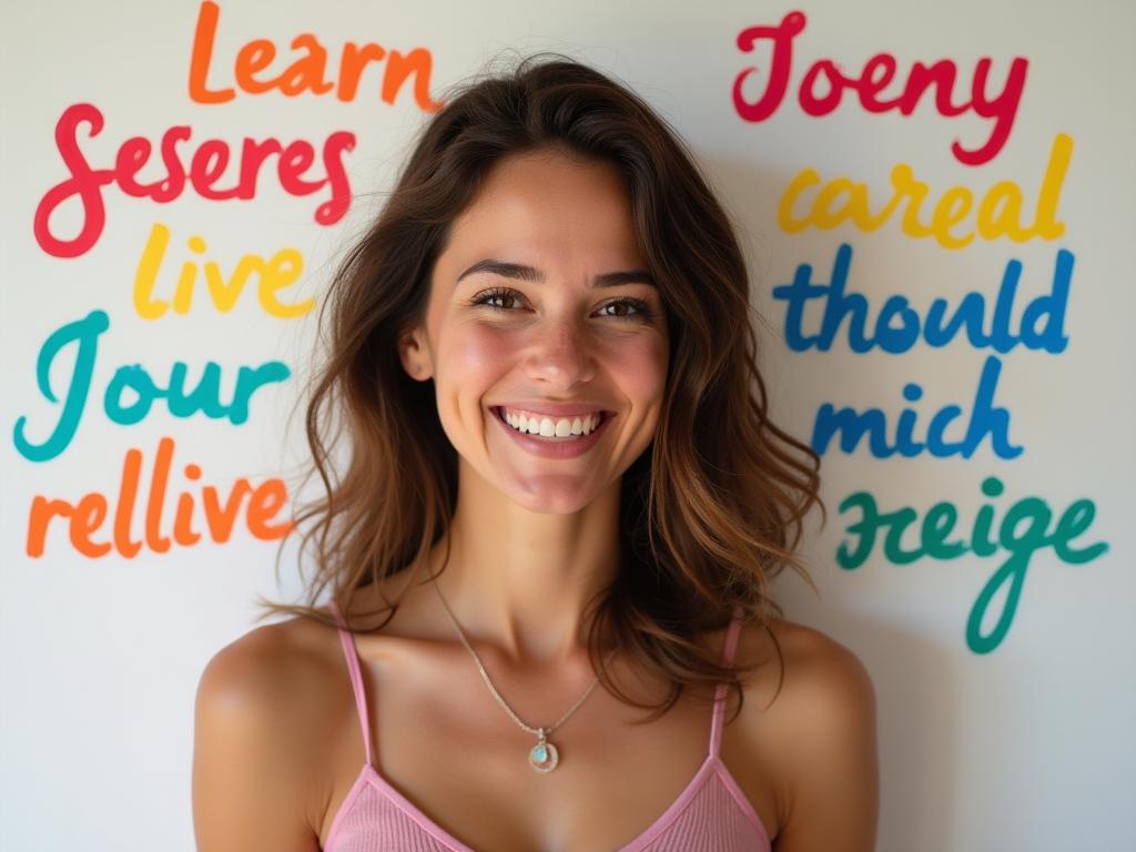 A confident person smiling at the camera, surrounded by positive affirmations written in bright colors.