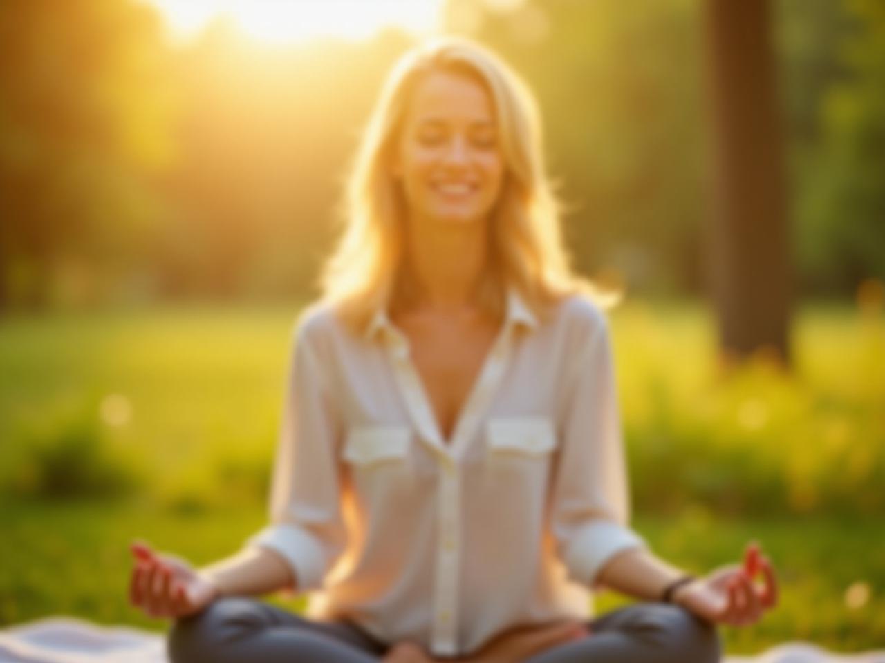 A person meditating outdoors with a serene expression, surrounded by nature and sunlight. The image conveys a sense of inner peace and personal transformation.