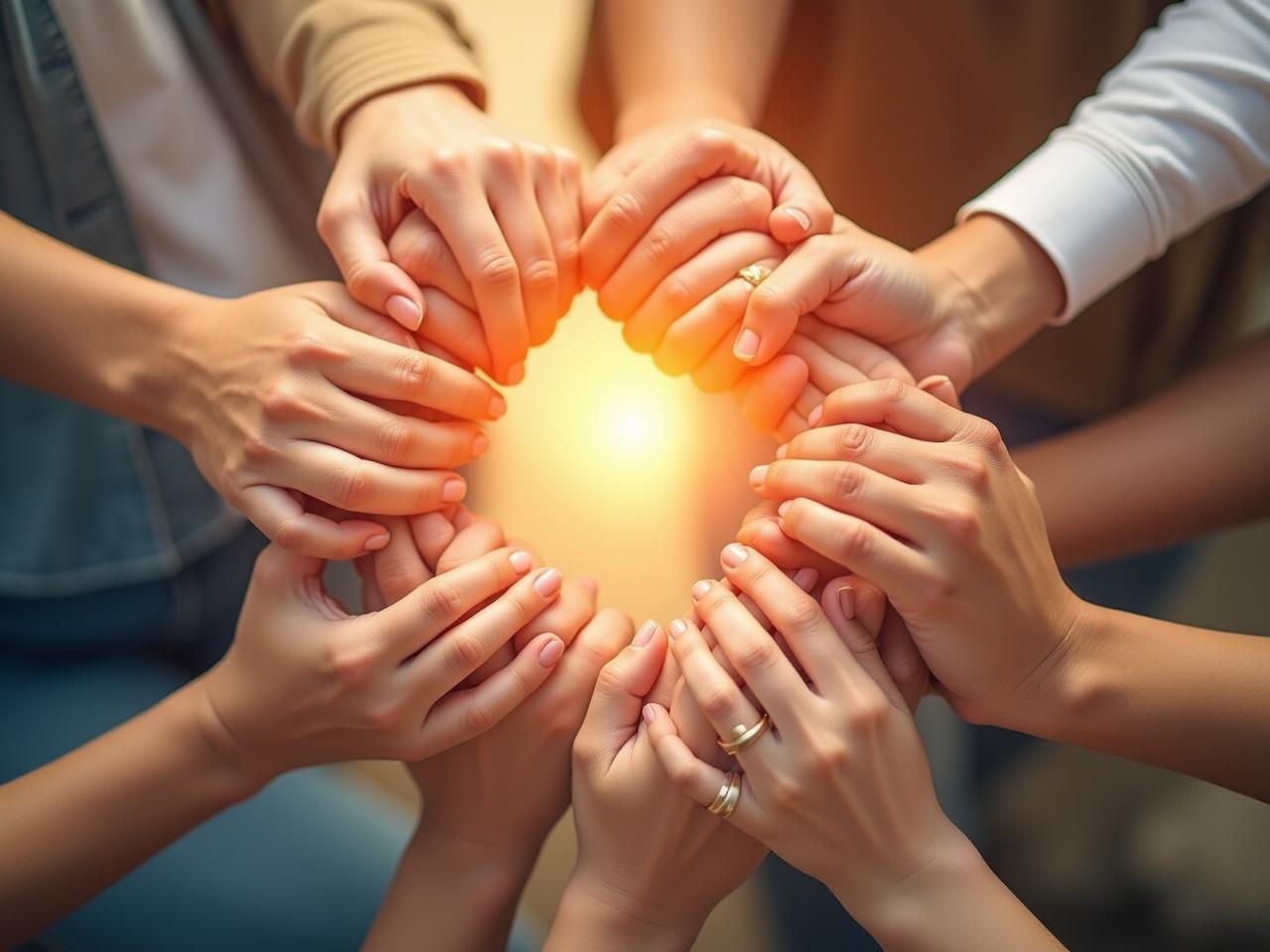 A diverse group of people connecting hands in a circle, symbolizing understanding and peaceful communication, against a background of soft, warm colors.