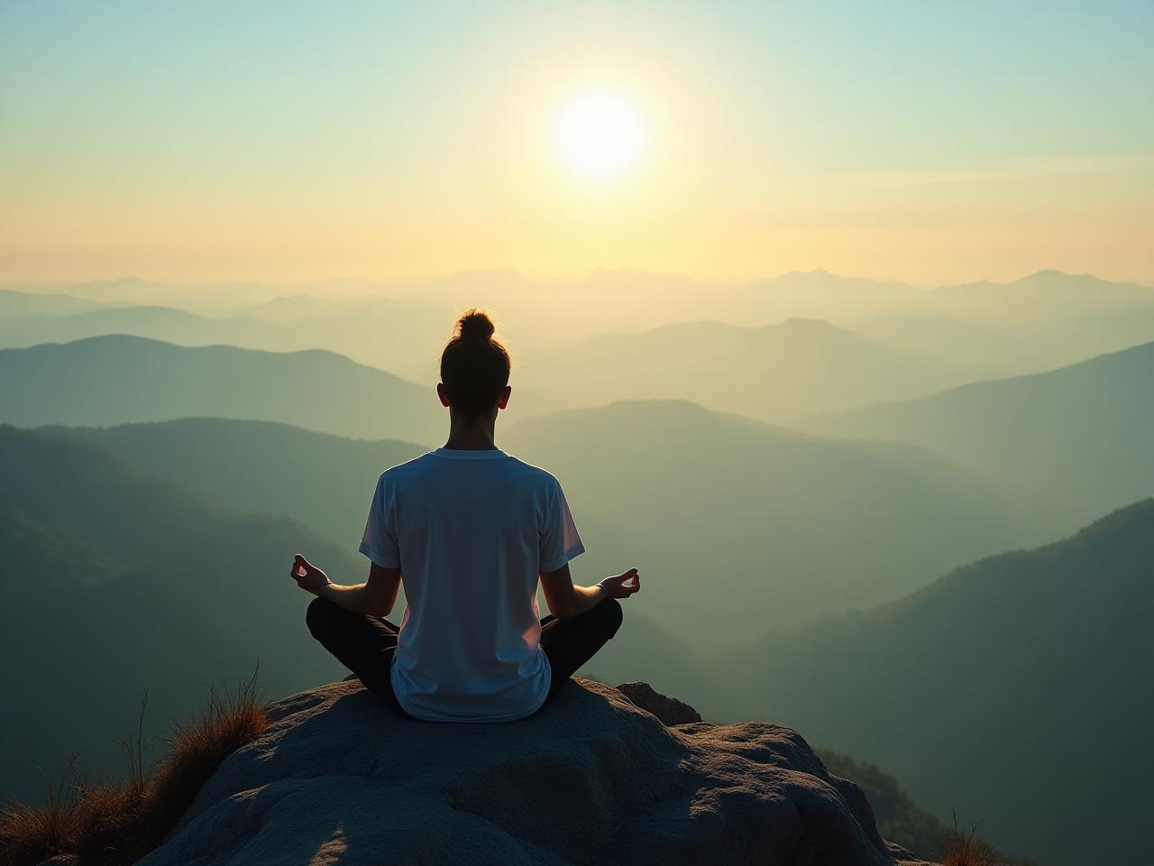 A person meditating on a mountaintop, overlooking a vast landscape. Symbolizes expanding perspective and self-control.