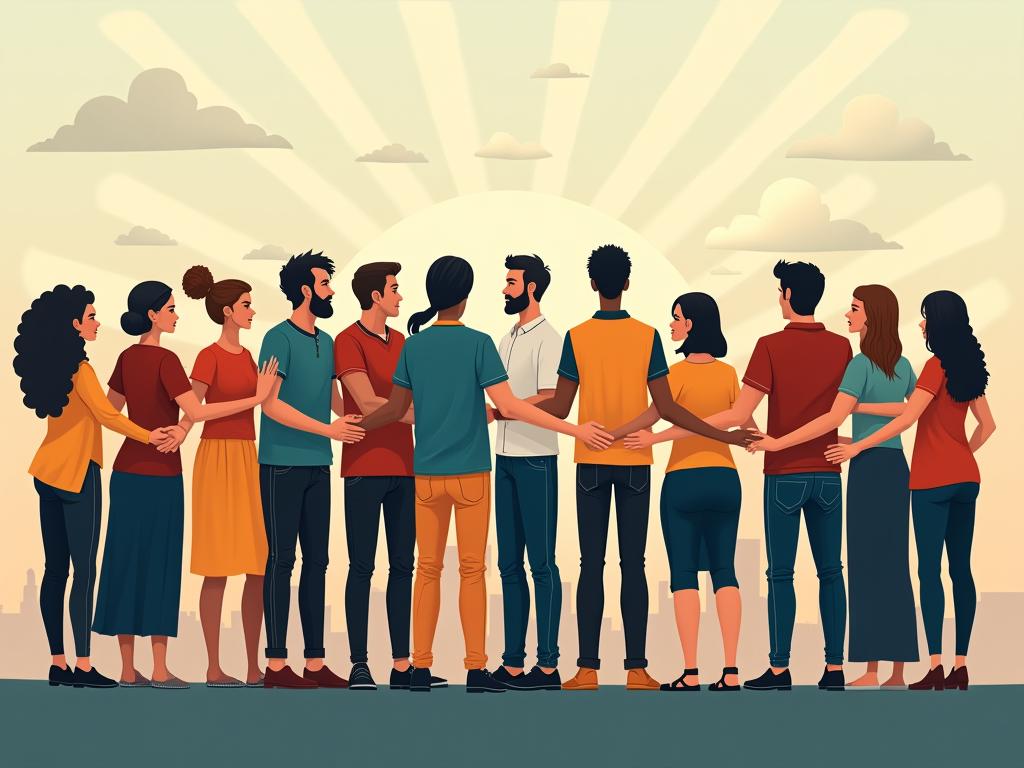A diverse group of people working together, symbolizing teamwork and leadership inspired by John Maxwells Developing the Leader Within You.