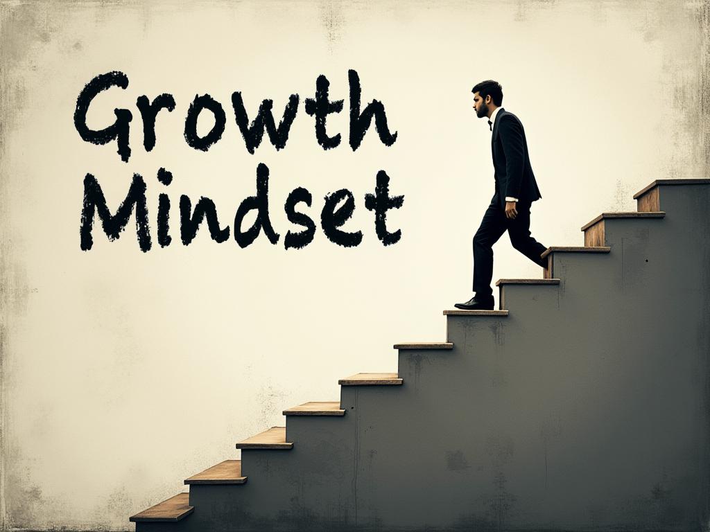 A person climbing a staircase, representing growth mindset and overcoming challenges. The title Growth Mindset is superimposed on the image.