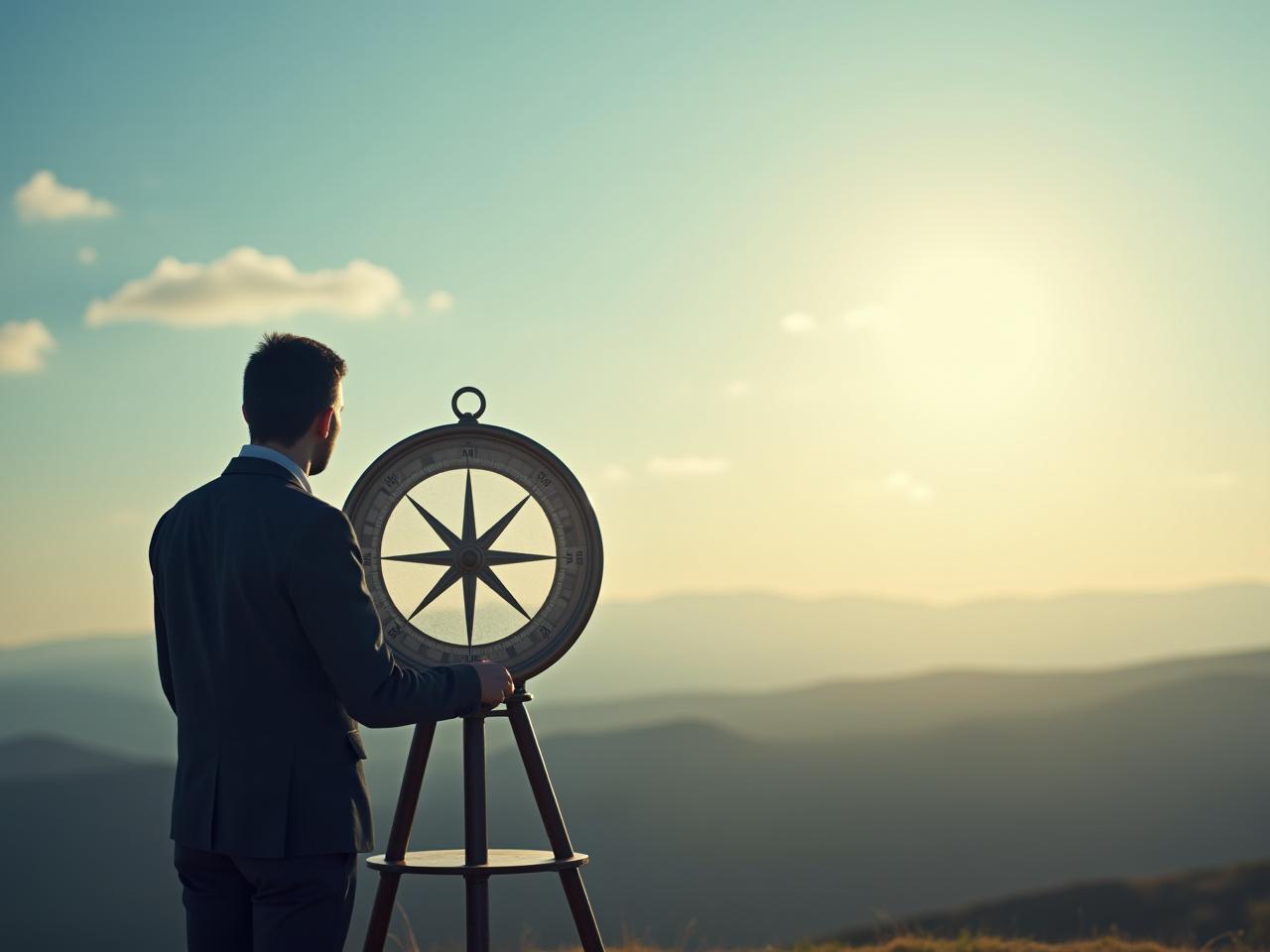 A person looking at a compass with a clear sky in the background, symbolizing the concept of Begin with the end in mind.