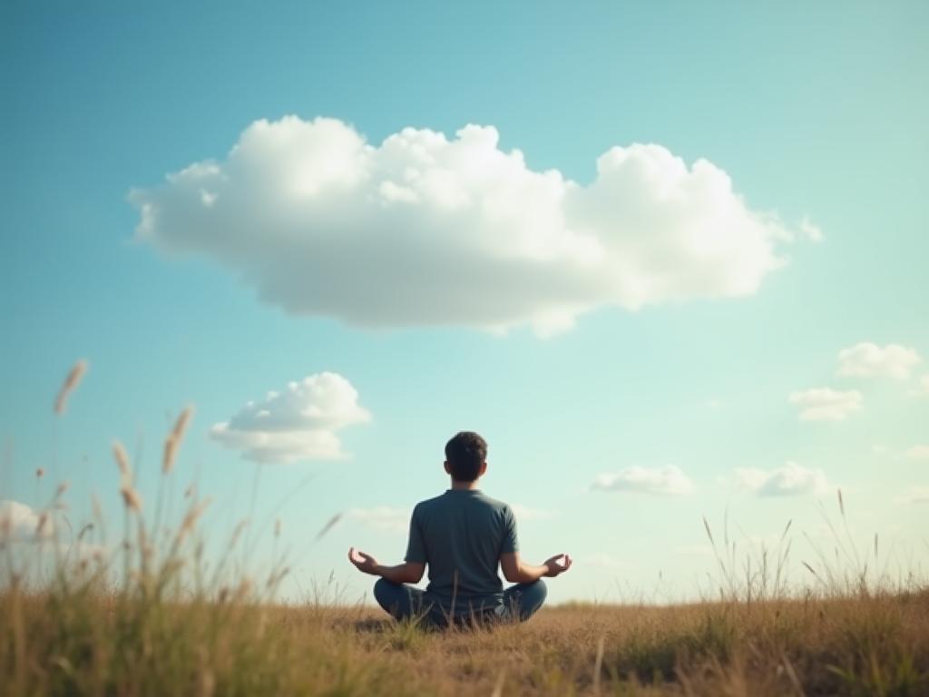 A person sitting peacefully in nature, observing their thoughts and emotions like clouds passing in the sky. The image symbolizes self-awareness and emotional regulation.