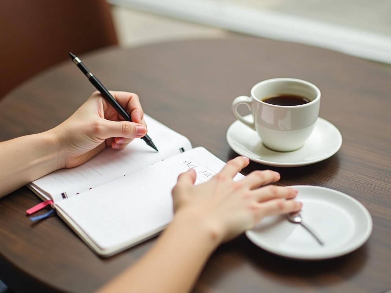A person writing in a journal with a cup of coffee next to them, representing the practice of gratitude journaling.