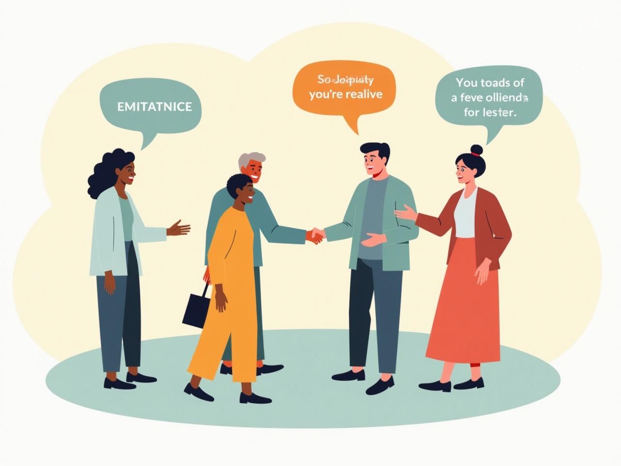 A diverse group of people connecting with each other in a circle, symbolizing open communication and understanding, surrounded by speech bubbles with empathetic messages.