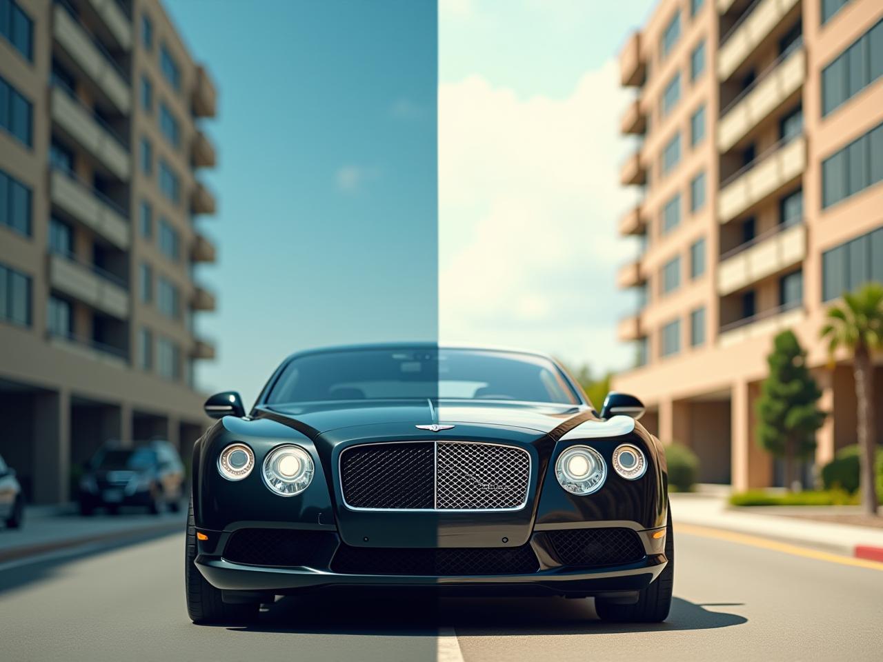 A split image showing on one side a luxury car and on the other side an apartment building, symbolizing the difference between liabilities and assets as explained in Rich Dad Poor Dad.