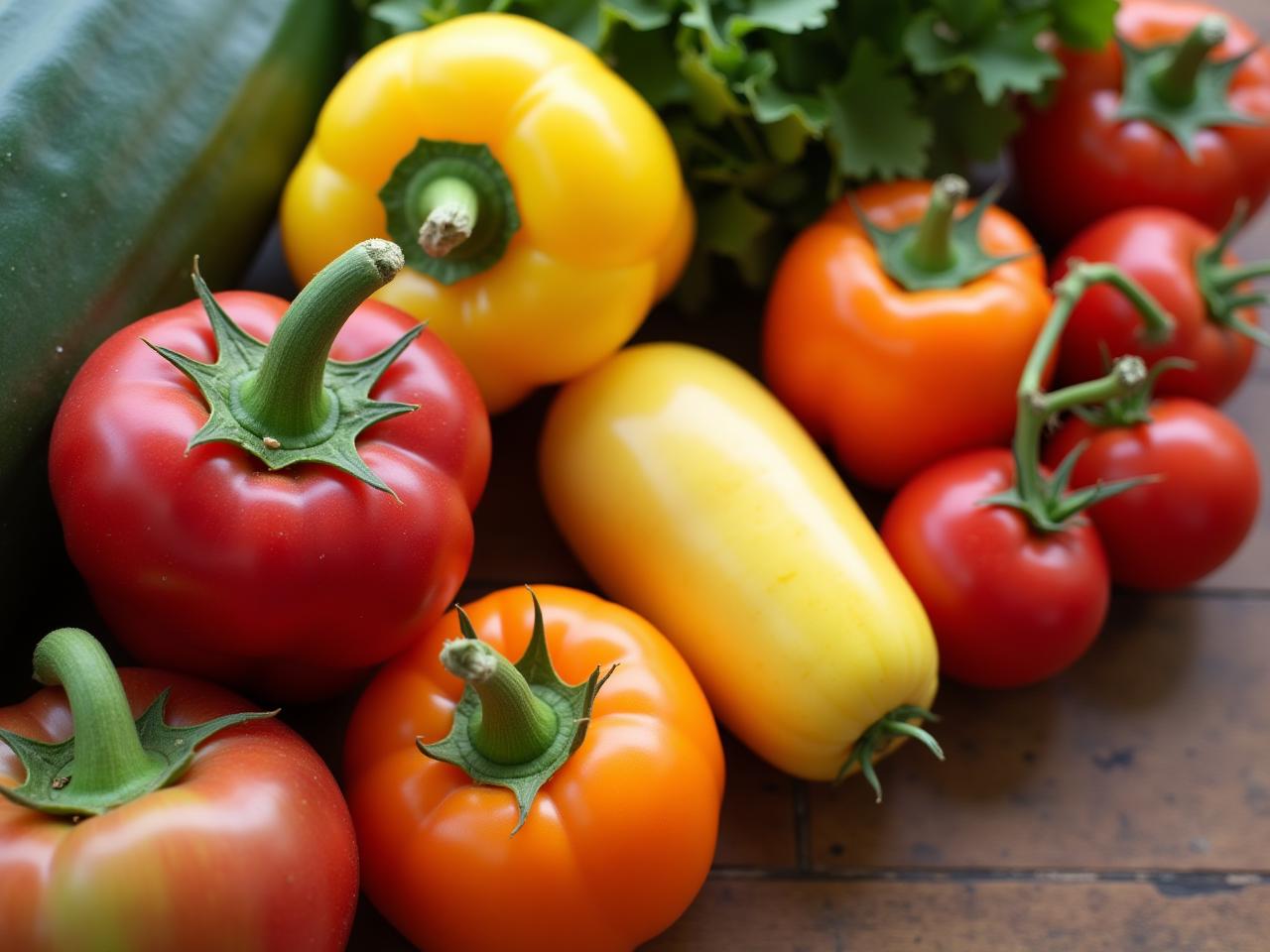 Close-up of colorful fresh fruits and vegetables arranged on a wooden table, symbolizing the benefits of a plant-based diet as advocated in How Not to Die by Dr. Michael Greger.