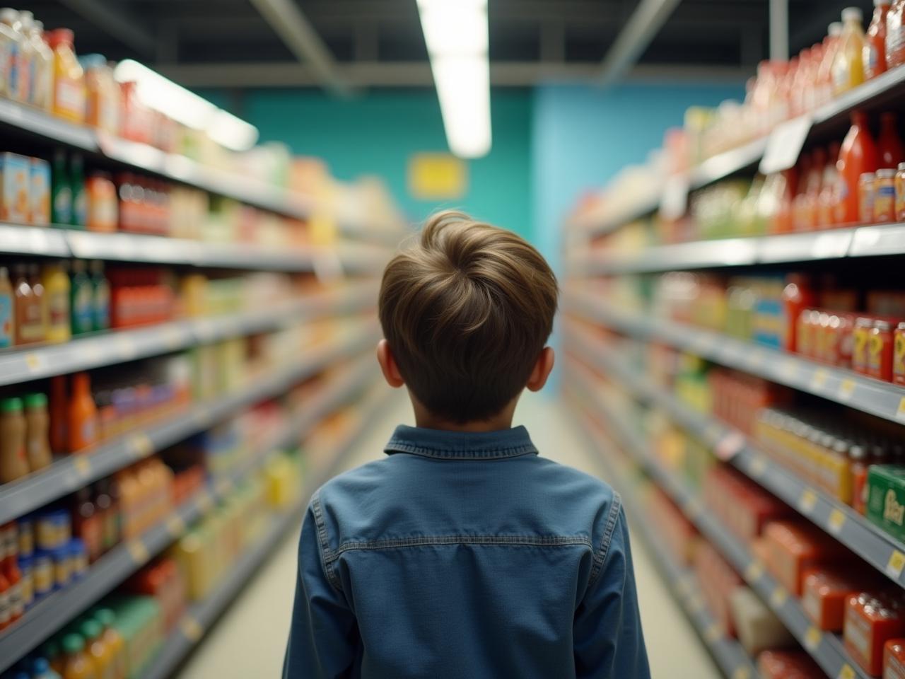 A person standing in front of a large supermarket shelf filled with various products, looking overwhelmed and indecisive. The image conveys the feeling of being paralyzed by too many choices, illustrating the paradox of choice concept. Keywords: paradox of choice, decision making, overwhelmed, supermarket, too many options.