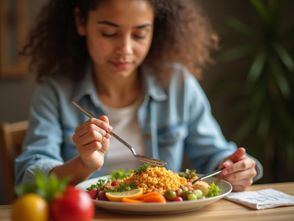 A person mindfully eating a colorful and nutritious meal, focusing on the food with a calm and peaceful expression.