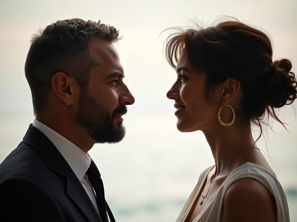 Two people, a man and a woman, facing each other and talking. The image represents communication and understanding between genders.