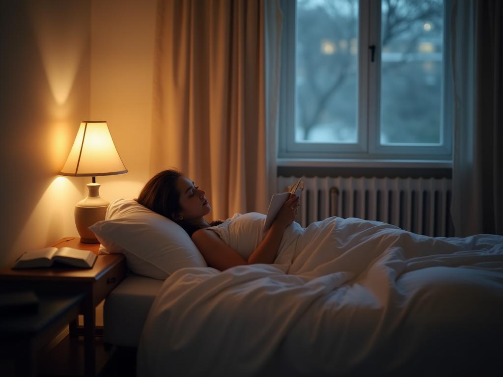 A serene bedroom with soft lighting, a book on the bedside table, and a person peacefully reading in bed, representing the restful activities recommended in the article.