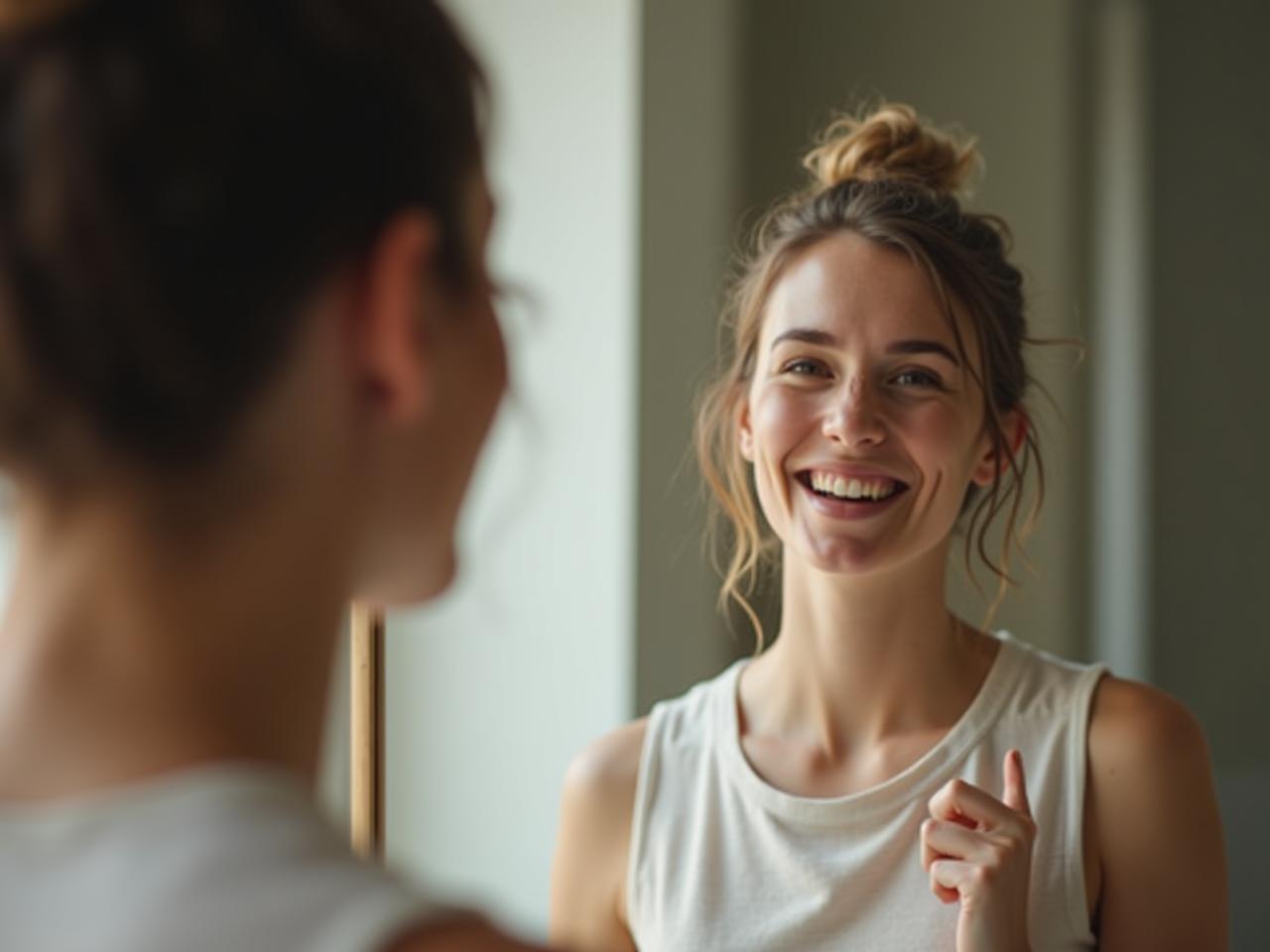 A person looking confidently in a mirror, seeing a more empowered and positive reflection of themselves. Symbolic representation of building self-confidence through positive self-talk.