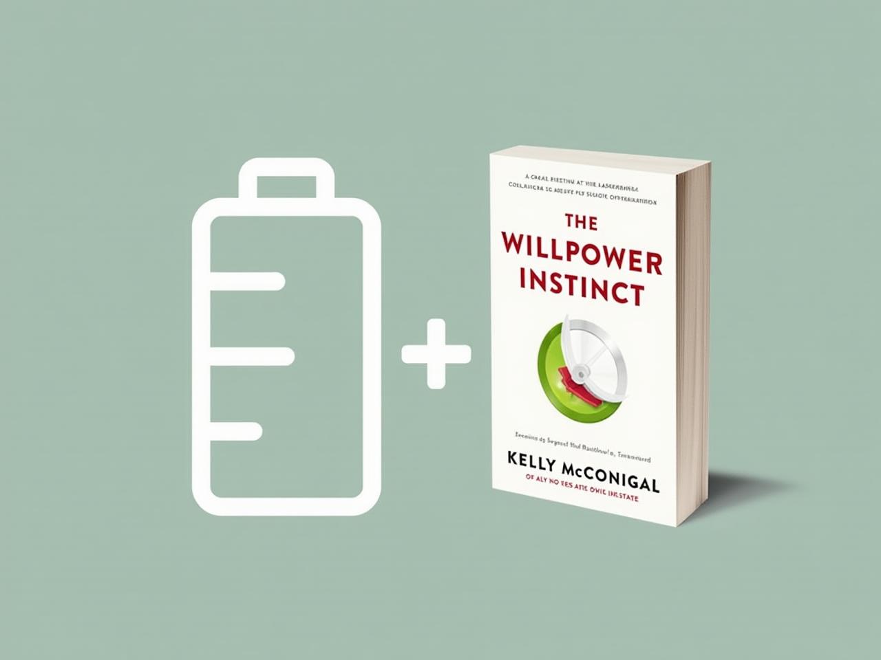 Image of a battery icon going from low to full charge, symbolizing willpower being recharged, with Kelly McGonigals The Willpower Instinct book in the background. Keywords: Willpower, Self-Control, Kelly McGonigal, The Willpower Instinct, Motivation, Battery Charge, Improvement.