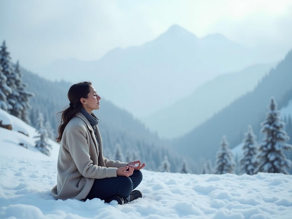 A person meditating in a snowy mountain landscape, breathing deeply.