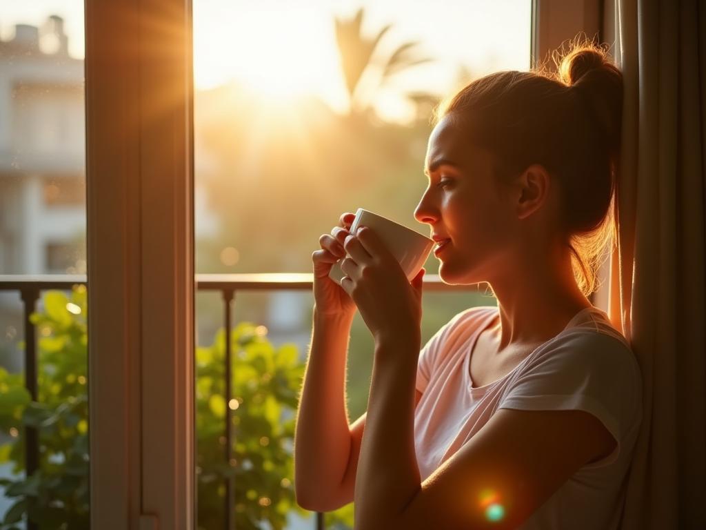 A person drinking coffee on a balcony in the morning sunlight, with lush green plants in the background, representing the concept of morning exposure to natural light for better sleep.
