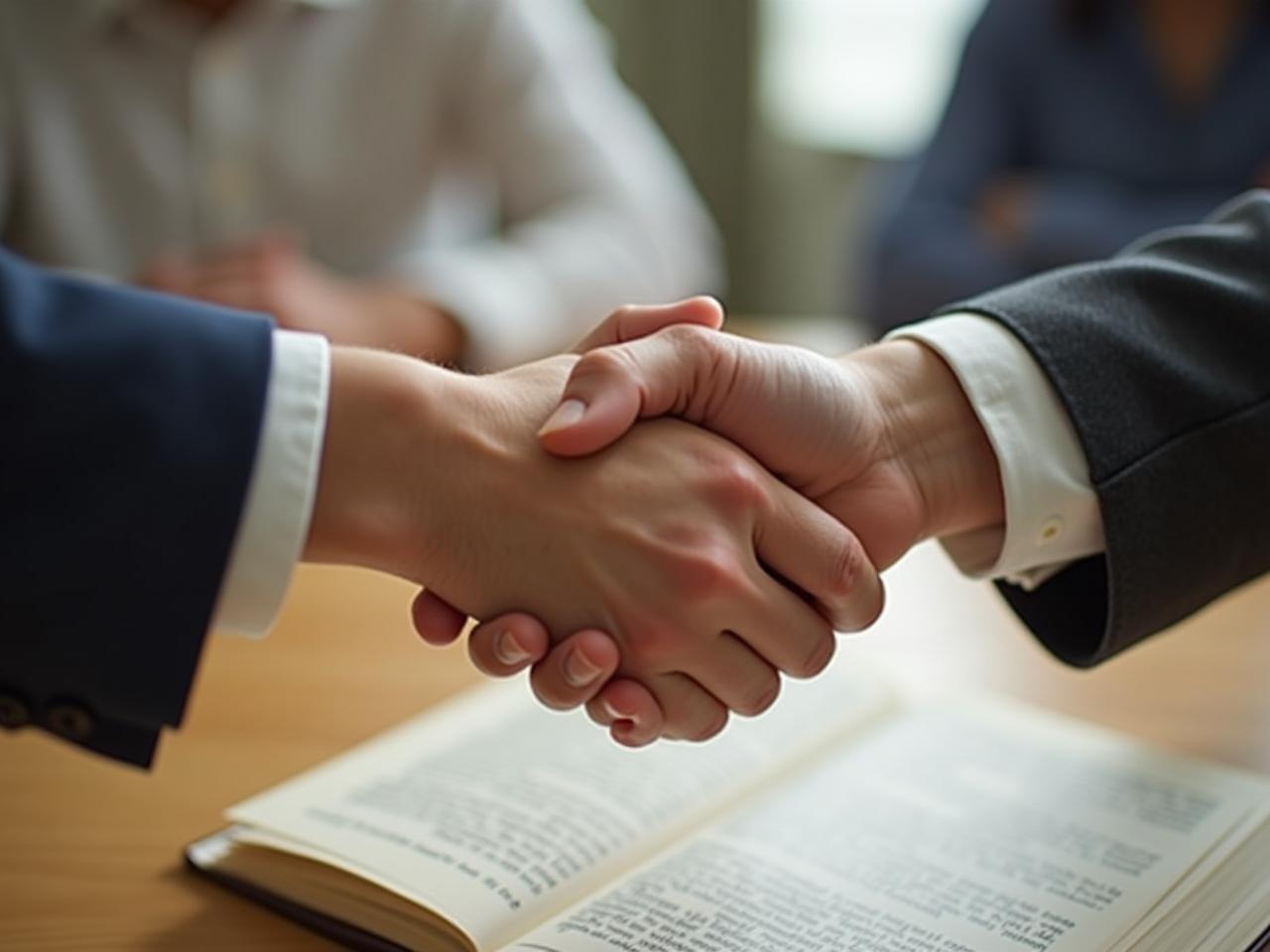 Two people shaking hands over a table, symbolizing agreement and collaboration, with a copy of How to Win Friends and Influence People in the background.