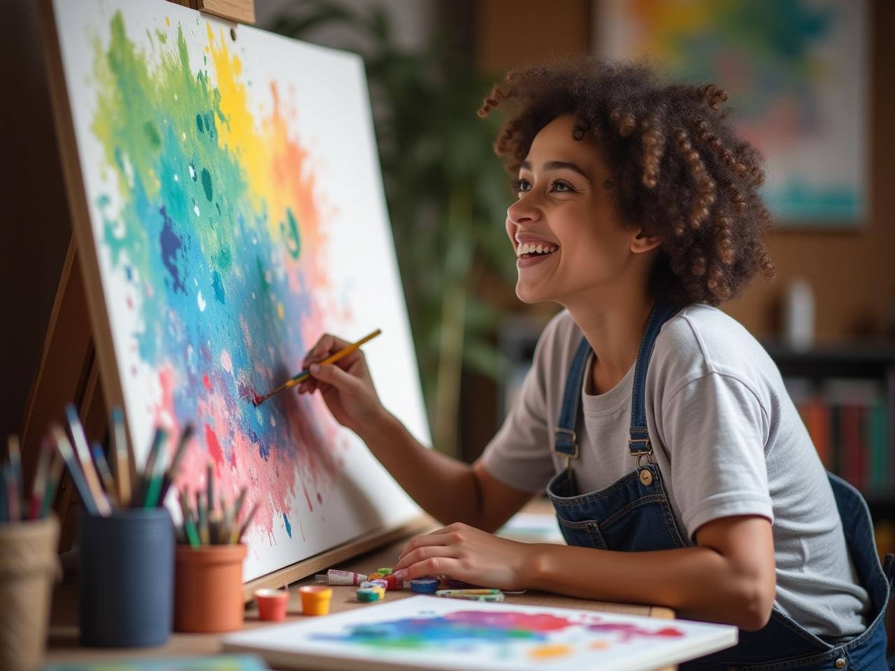 A person joyfully painting with vibrant colors on a canvas, surrounded by art supplies.  Focus is on the act of creation, not the finished artwork.