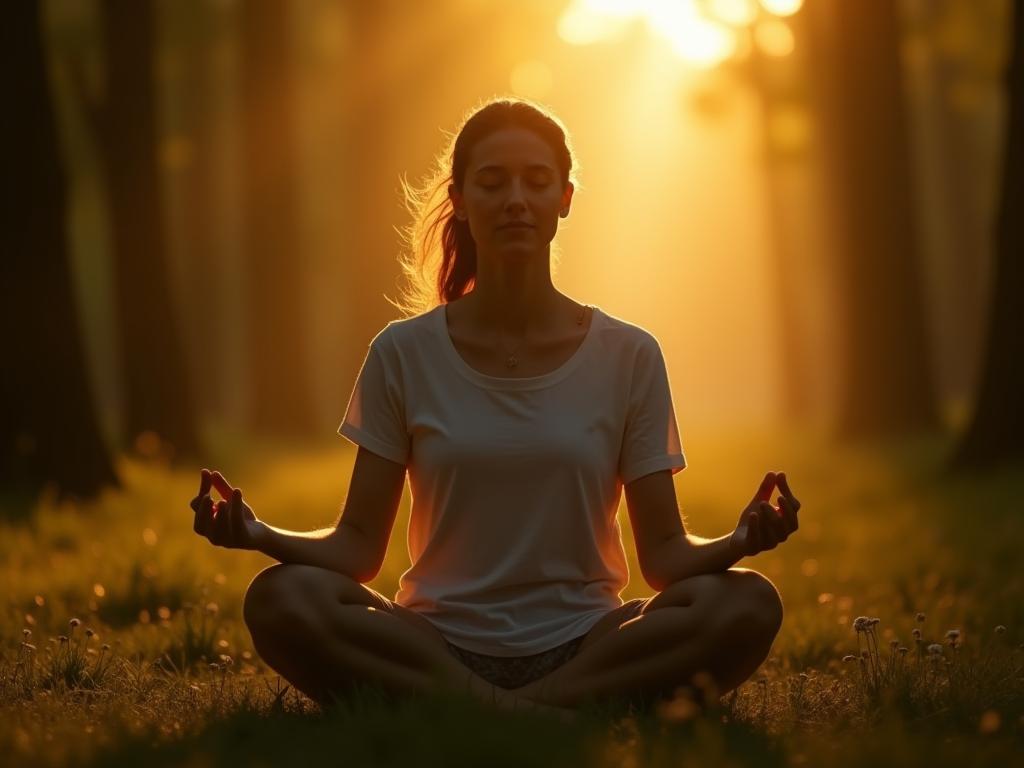 A peaceful person meditating in a serene natural environment, surrounded by trees and sunlight, symbolizing mindfulness and inner peace.