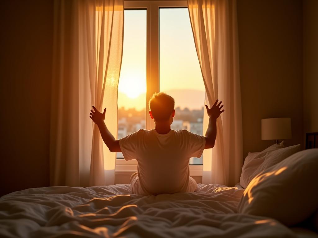 A person waking up and opening the curtains to let sunlight into their bedroom, with a serene and peaceful expression.
