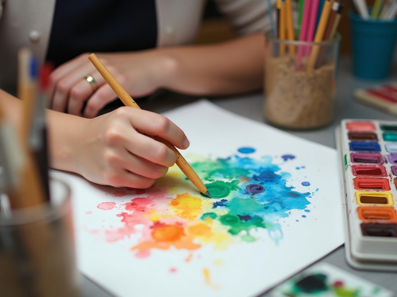 A person painting with watercolors, surrounded by art supplies, symbolizing creativity and the joy of the creative process.