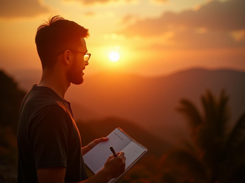 A person looking at a sunrise with a notebook and pen, symbolizing planning and purpose. The image includes keywords such as goal setting, morning routine, productivity, mindfulness, and personal development.